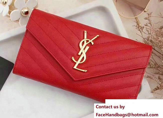 Saint Laurent Grained Leather Large Monogram Flap Wallet 372264 Red - Click Image to Close