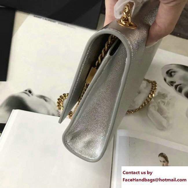 Saint Laurent Grained Leather Medium Monogram Satchel Chain Shoulder Bag 354021 Silver/Gold - Click Image to Close