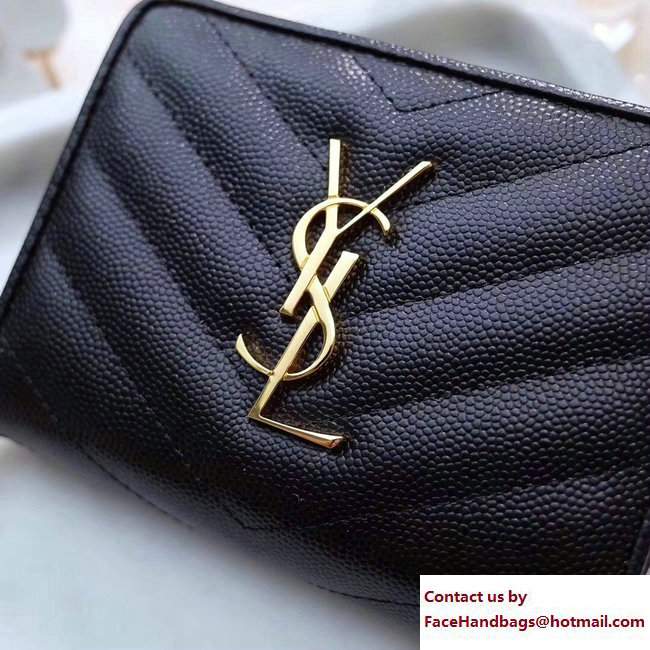 Saint Laurent Grained Leather Monogram Compact Zip Around Wallet 403723 Black/Gold - Click Image to Close