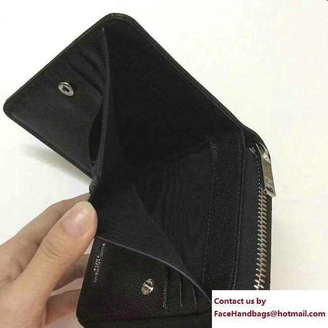 Saint Laurent Grained Leather Monogram Compact Zip Around Wallet 403723 Black/Silver