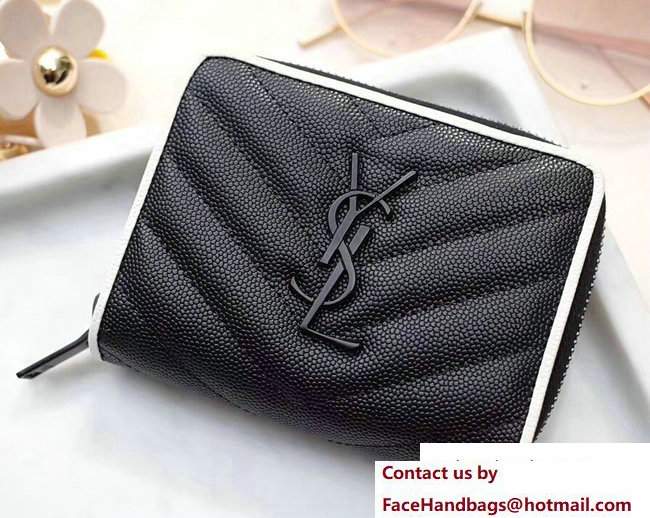 Saint Laurent Grained Leather Monogram Compact Zip Around Wallet 403723 Black/White with Black Hardware - Click Image to Close