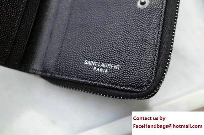 Saint Laurent Grained Leather Monogram Compact Zip Around Wallet 403723 Black/White with Black Hardware - Click Image to Close