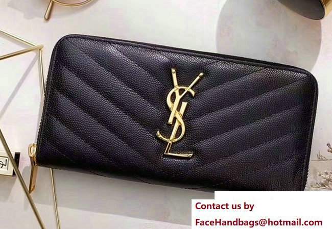 Saint Laurent Grained Leather Monogram Zip Around Wallet 358094 Black/Gold