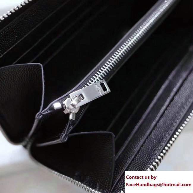 Saint Laurent Grained Leather Monogram Zip Around Wallet 358094 Black/Silver - Click Image to Close