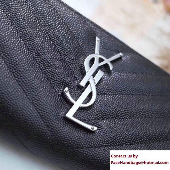 Saint Laurent Grained Leather Monogram Zip Around Wallet 358094 Black/Silver - Click Image to Close