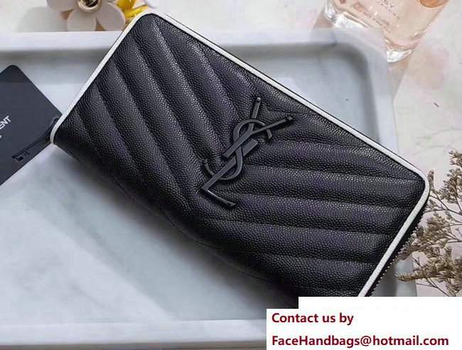 Saint Laurent Grained Leather Monogram Zip Around Wallet 358094 Black/White with Black Hardware - Click Image to Close