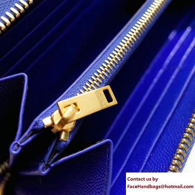 Saint Laurent Grained Leather Monogram Zip Around Wallet 358094 Blue - Click Image to Close