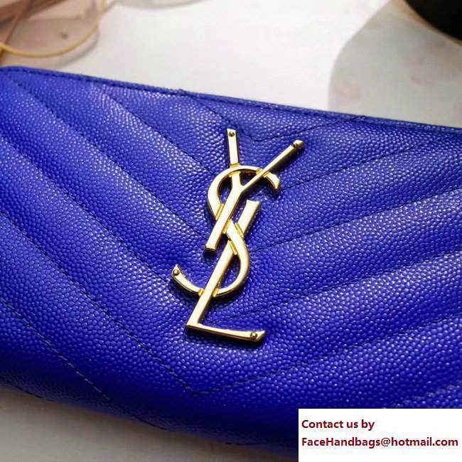Saint Laurent Grained Leather Monogram Zip Around Wallet 358094 Blue - Click Image to Close
