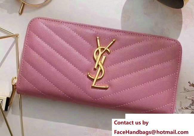 Saint Laurent Grained Leather Monogram Zip Around Wallet 358094 Pink