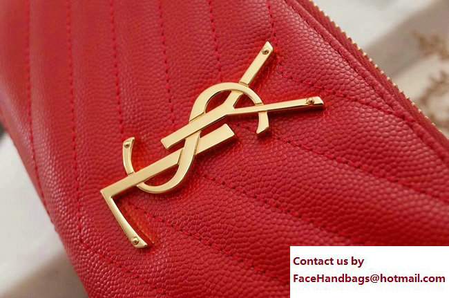 Saint Laurent Grained Leather Monogram Zip Around Wallet 358094 Red - Click Image to Close
