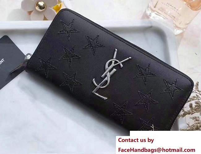 Saint Laurent Grained Leather Monogram Zip Around Wallet 358094 Star Embossed Black - Click Image to Close