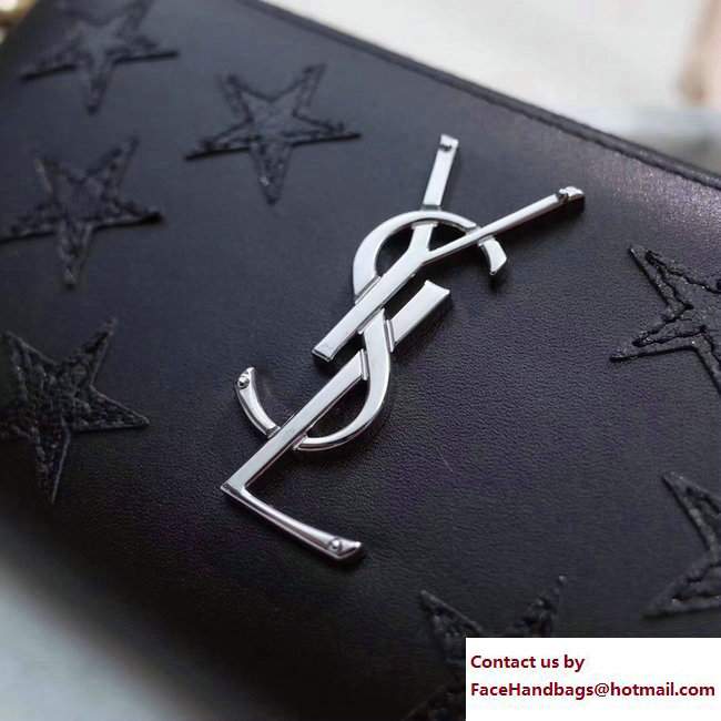 Saint Laurent Grained Leather Monogram Zip Around Wallet 358094 Star Embossed Black - Click Image to Close