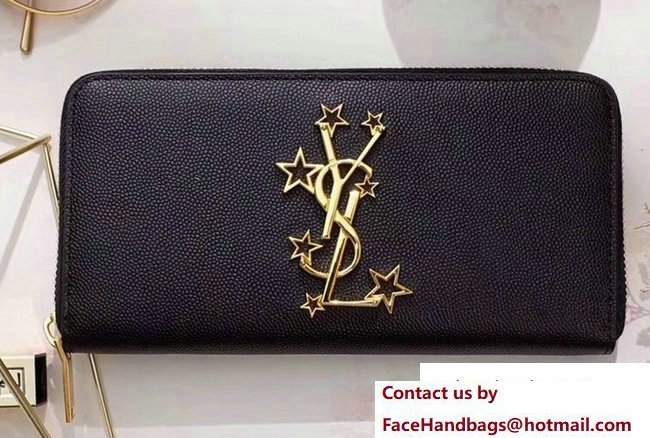 Saint Laurent Grained Leather Monogram Zip Around Wallet 358094 Star Logo Black