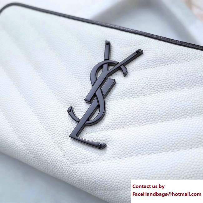Saint Laurent Grained Leather Monogram Zip Around Wallet 358094 White/Black with Black Hardware - Click Image to Close
