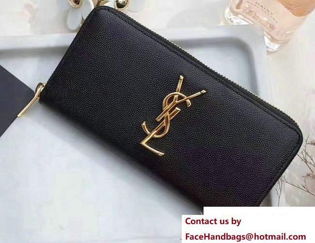 Saint Laurent Grained Leather Zip Around Wallet 370776 Black/Gold