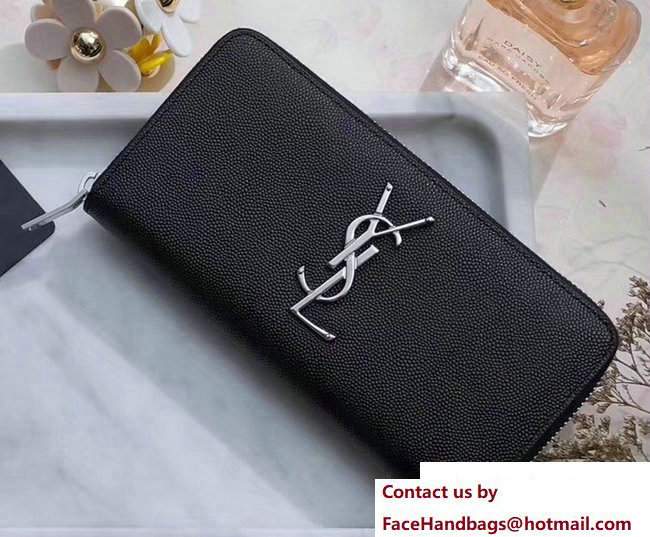 Saint Laurent Grained Leather Zip Around Wallet 370776 Black/Silver - Click Image to Close