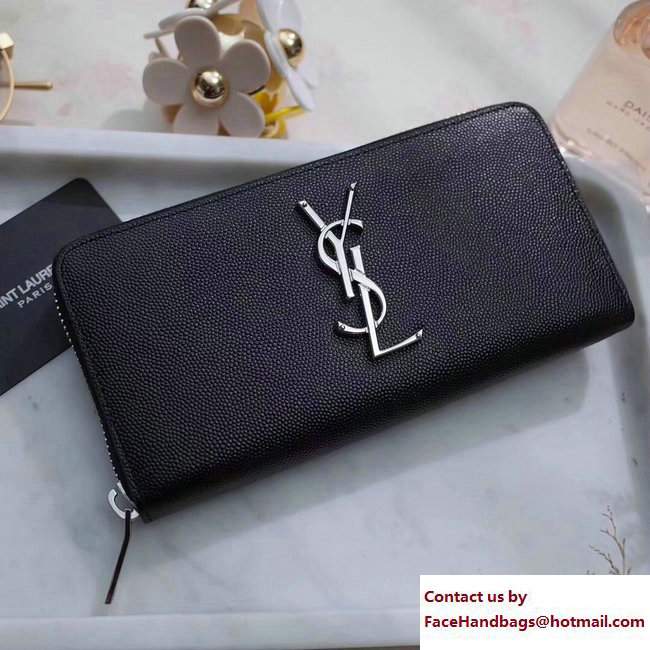 Saint Laurent Grained Leather Zip Around Wallet 370776 Black/Silver - Click Image to Close