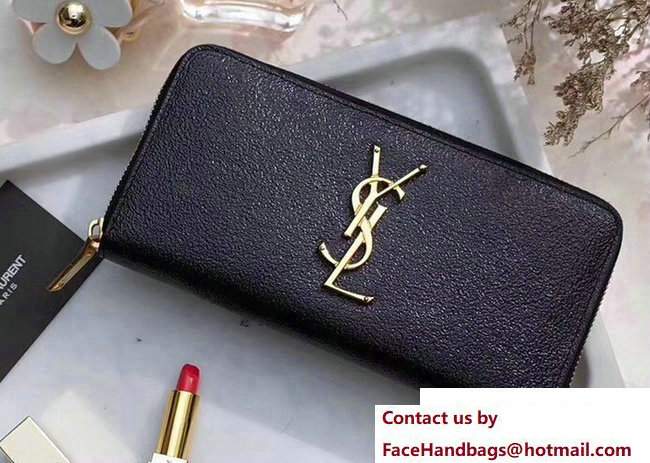 Saint Laurent Grained Leather Zip Around Wallet 370776 Glitted Black/Gold - Click Image to Close