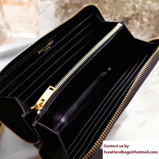 Saint Laurent Grained Leather Zip Around Wallet 370776 Glitted Black/Gold