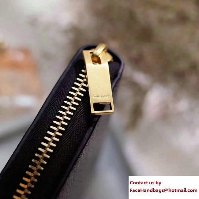 Saint Laurent Grained Leather Zip Around Wallet 370776 Glitted Black/Gold