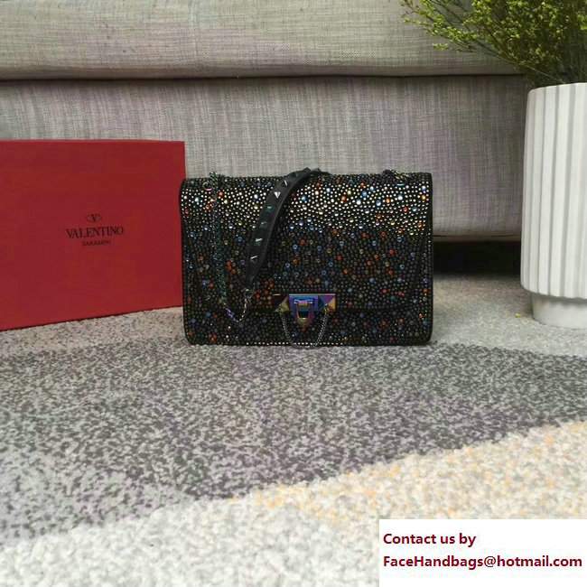 Valentino Crystals Embellished Demilune Small Shoulder Bag Black Spring 2018