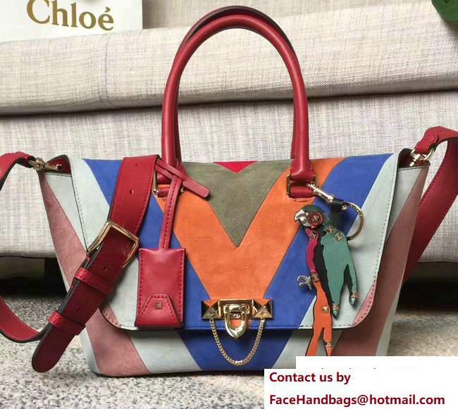 Valentino Multicolor Suede Demilune Double Handle Small Bag Red 2017 - Click Image to Close