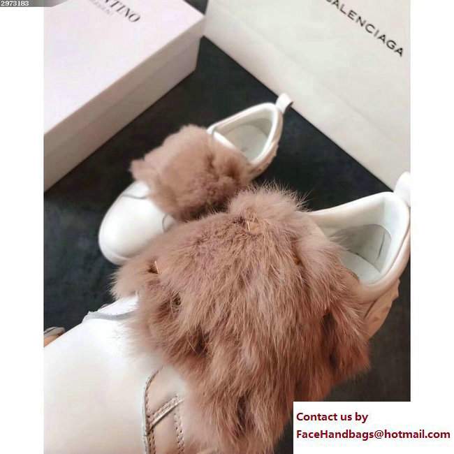 Valentino Rockstud Mink Fur Sneakers White/Camel 2017 - Click Image to Close