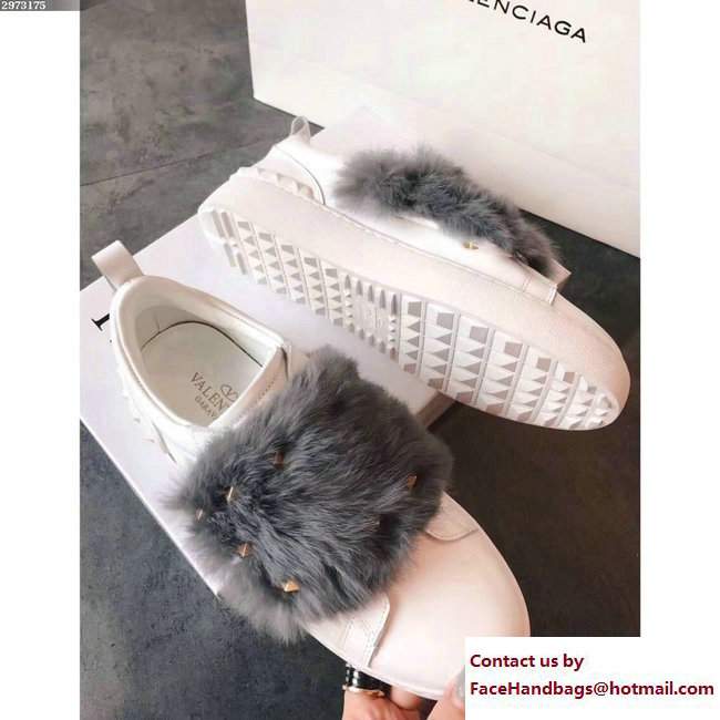 Valentino Rockstud Mink Fur Sneakers White/Gray 2017 - Click Image to Close