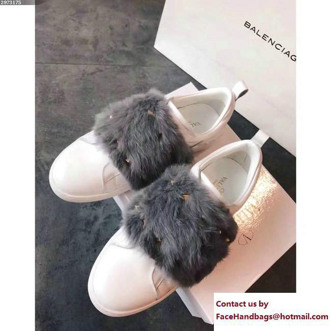 Valentino Rockstud Mink Fur Sneakers White/Gray 2017 - Click Image to Close