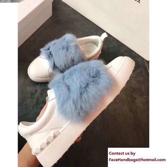 Valentino Rockstud Mink Fur Sneakers White/Light Blue 2017 - Click Image to Close
