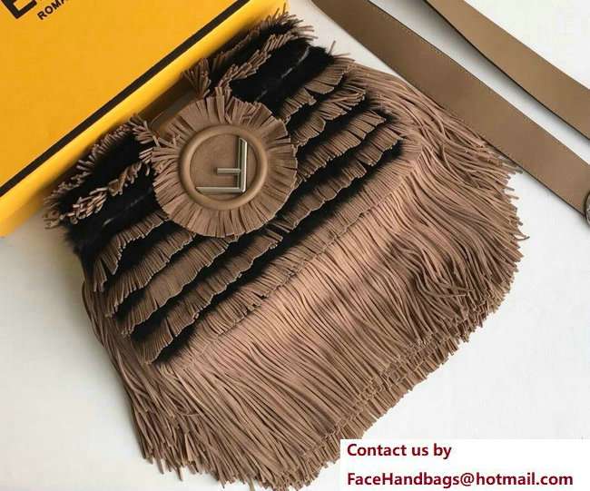Fendi Baguette Shoulder Bag F Logo Fringed Beige Suede and Black Mink 2018