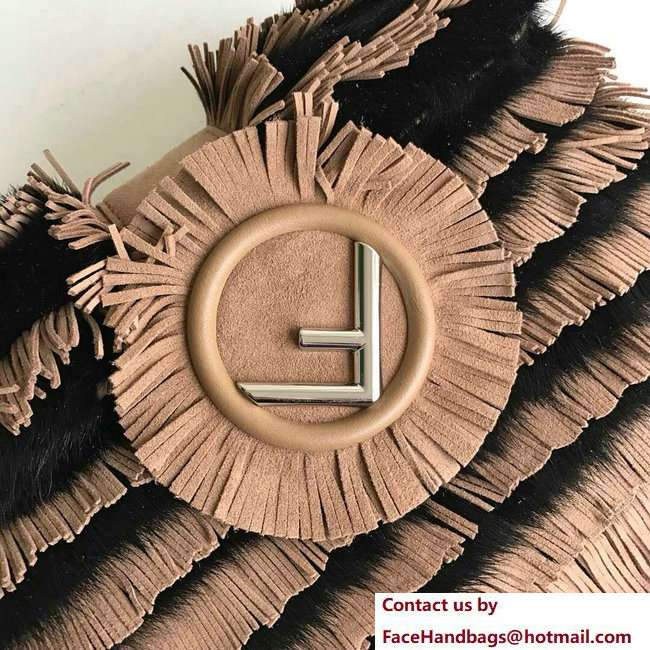 Fendi Baguette Shoulder Bag F Logo Fringed Beige Suede and Black Mink 2018 - Click Image to Close
