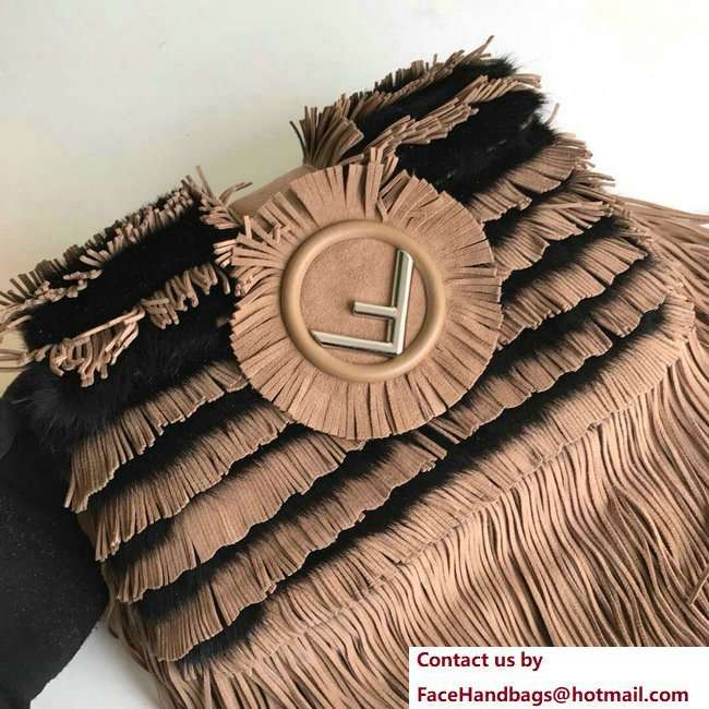 Fendi Baguette Shoulder Bag F Logo Fringed Beige Suede and Black Mink 2018
