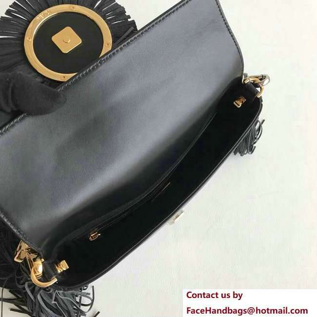 Fendi Baguette Shoulder Bag F Logo Fringed Black 2018 - Click Image to Close