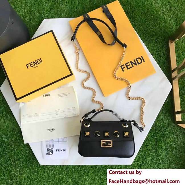 Fendi Double Micro Baguette Shoulder Bag Black/Gold Studs and FF Buckle Black 2018 - Click Image to Close