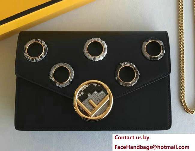 Fendi F Logo Wallet On Chain Woc Mini Bag Geometric-Shaped Flap Grommets And Rock-Colour Elaphe Black 2018 - Click Image to Close
