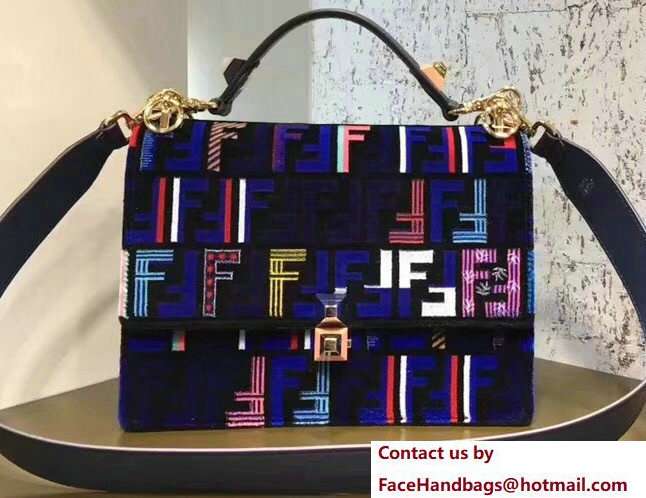 Fendi Leather And Silk Yarn Flap Medium Kan I Logo Bag Blue 2018 - Click Image to Close