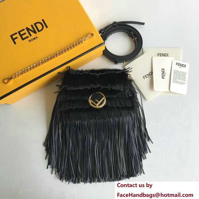 Fendi Micro Baguette Shoulder Bag F Logo Fringed and Mink Black 2018
