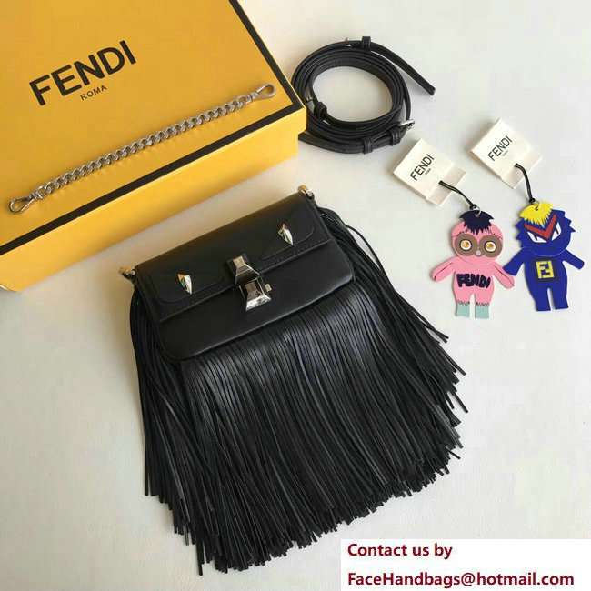 Fendi Micro Baguette Shoulder Bag Fringed Bag Bugs Eyes Studs Black 2018 - Click Image to Close