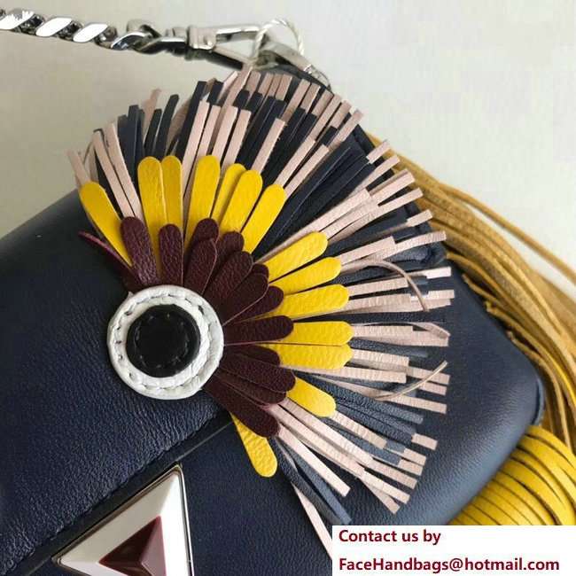 Fendi Micro Baguette Shoulder Bag Fringed Eyes Faces Dark Blue/Yellow 2018 - Click Image to Close