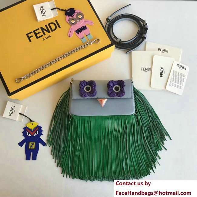Fendi Micro Baguette Shoulder Bag Fringed Flower Eyes Baby Blue/Green 2018
