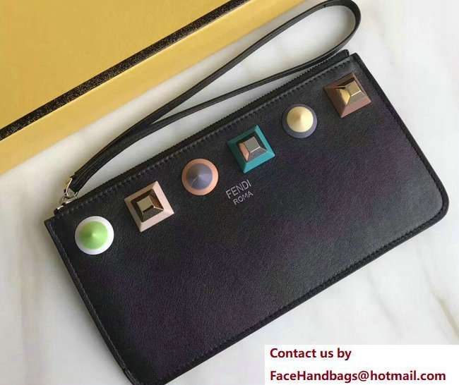 Fendi Plexiglass Rainbow Studs Leather Flat Pouch Clutch Bag Black 2018 Fendi Plexiglass Rainbow Studs Leather Flat Pouch Clutch Bag Black 2018