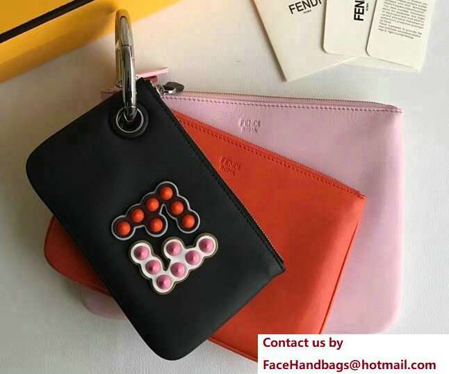 Fendi Triplette Leather Pouch Clutch Bag Multicolour Studs FF Logo Black/Orange/Pink 2018