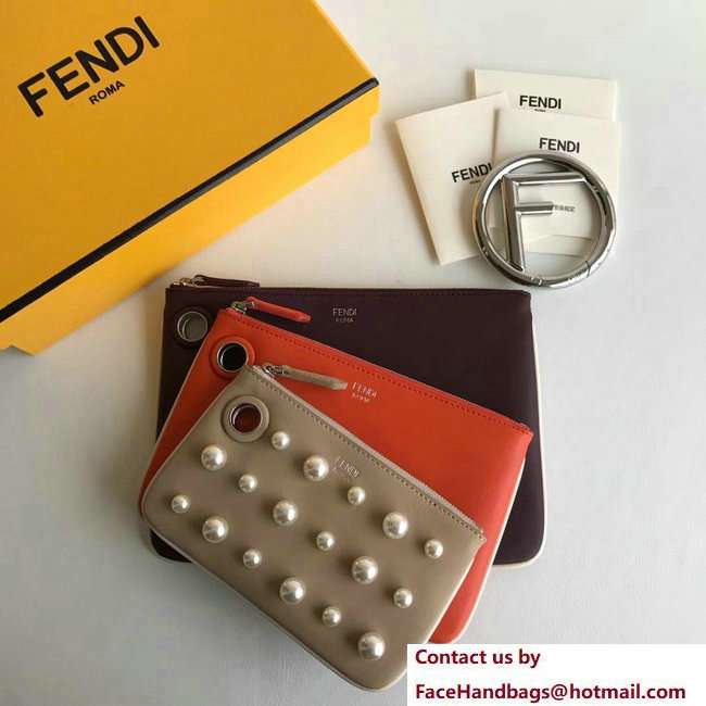 Fendi Triplette Leather Pouch Clutch Bag Pearls Beige/Cherry Red/Burgundy 2018