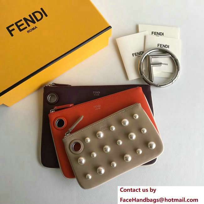 Fendi Triplette Leather Pouch Clutch Bag Pearls Beige/Cherry Red/Burgundy 2018