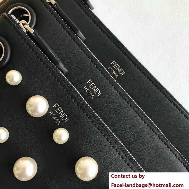 Fendi Triplette Leather Pouch Clutch Bag Pearls Black 2018