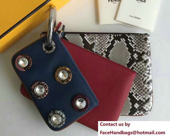 Fendi Triplette Leather Pouch Clutch Bag Round Crystals And Multicolour Elaphe Grommets Blue/Red/Python 2018