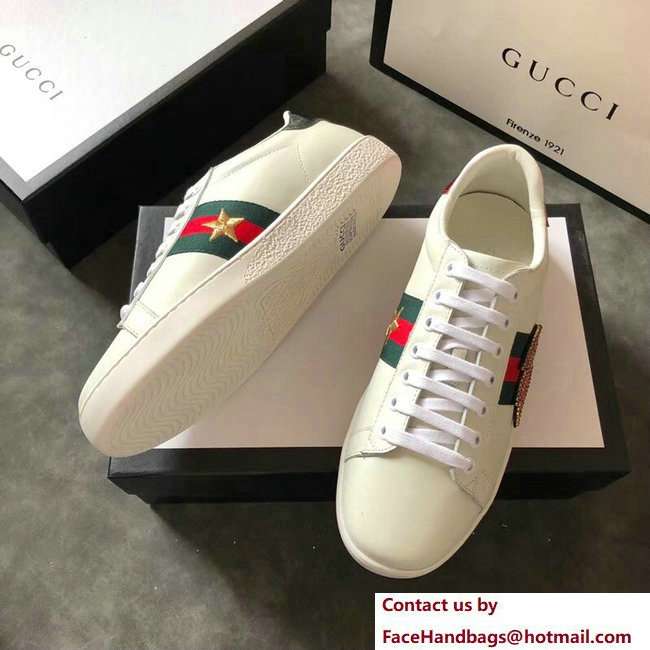 Gucci Ace Leather Low-Top Lovers Sneakers ,Web Embroidered Crystal Lightning Bolt Creamy 2018 - Click Image to Close