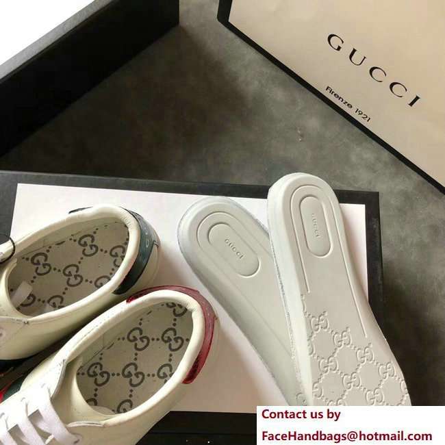 Gucci Ace Leather Low-Top Lovers Sneakers ,Web Embroidered Crystal Lightning Bolt Creamy 2018 - Click Image to Close
