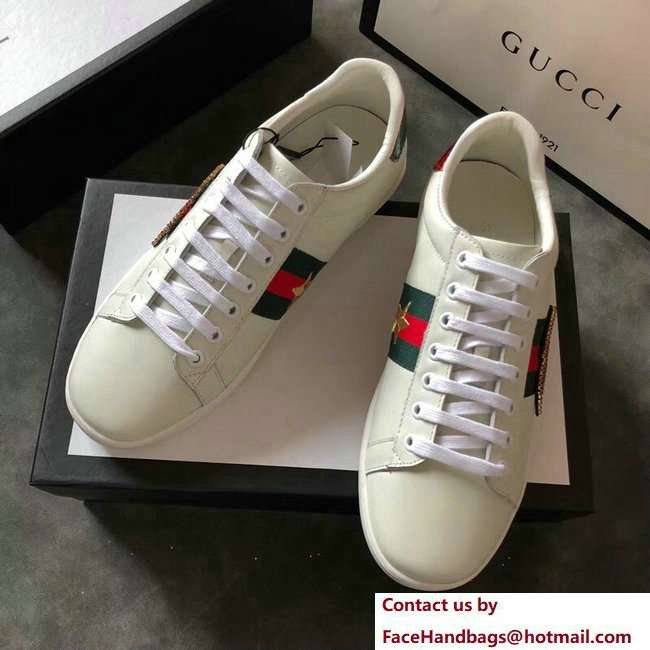 Gucci Ace Leather Low-Top Lovers Sneakers ,Web Embroidered Crystal Lightning Bolt Creamy 2018